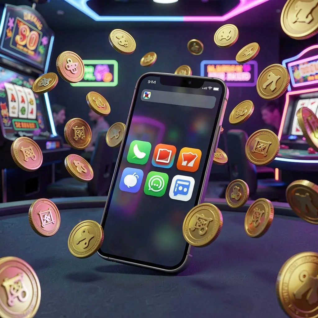 Realistic 3D render of a modern phone displaying the BBC999 Android casino app, surrounded by floating golden coins and slot symbols in a neon casino atmosphere