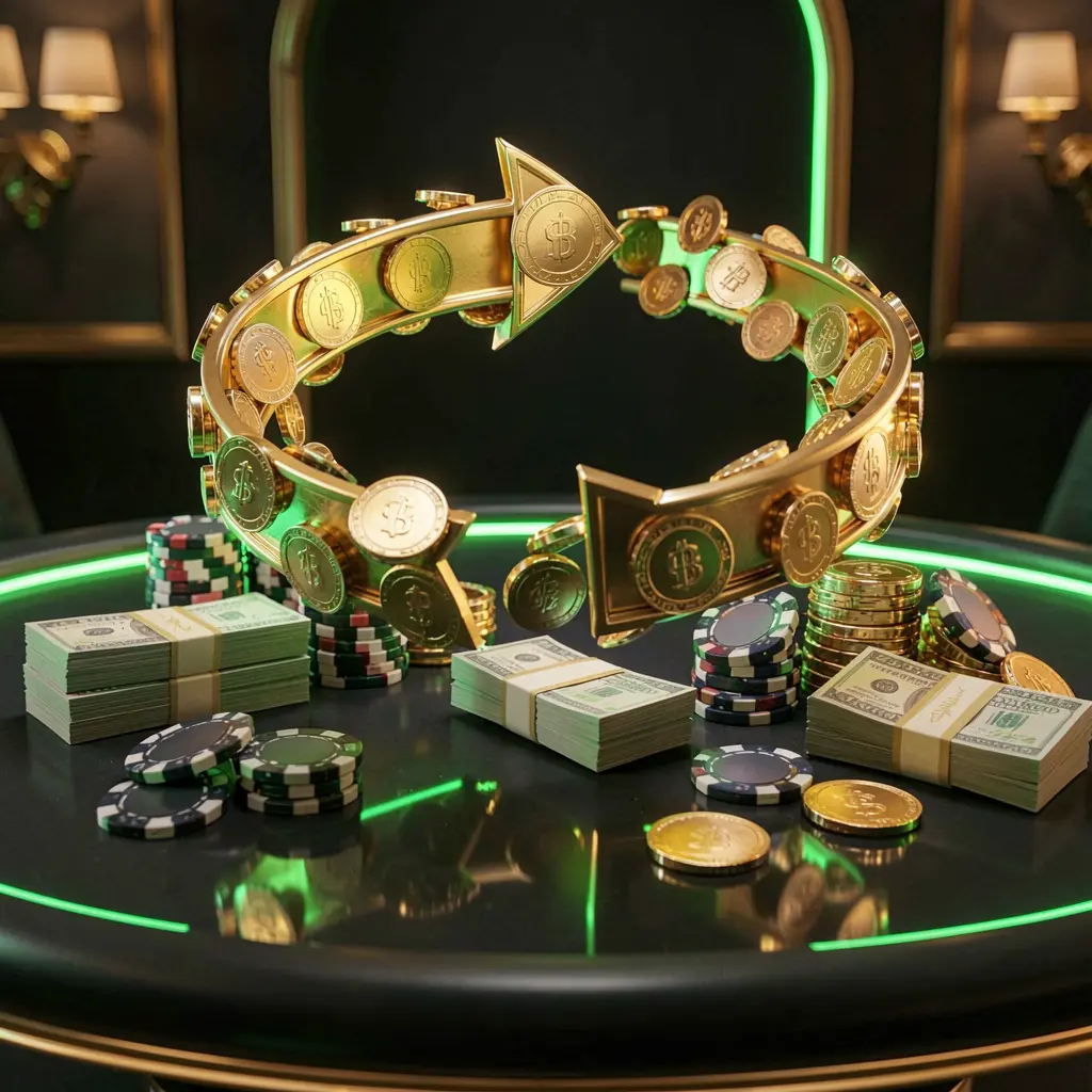 BBC999 casino cashback bonus visual with golden coins returning in a circular arrow motion, poker chips and cash bundles on a glossy dark table with glowing green and gold accents in a premium online casino style
