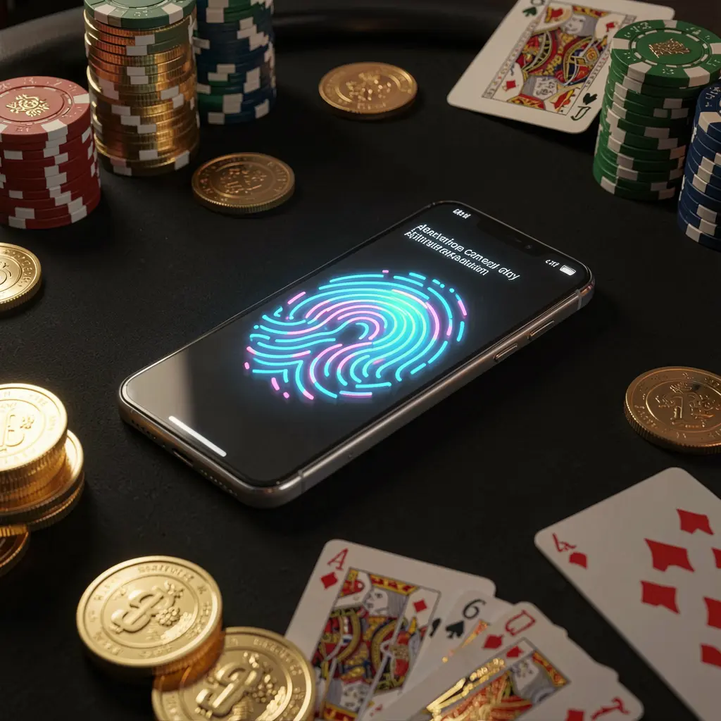 BBC999 online casino authentication concept showing a phone with a glowing fingerprint scan on a premium black table surrounded by poker chips, golden coins, and playing cards in a cinematic 3D render